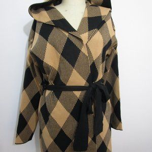 NWT Hooded Wrap Cardigan Sweater Diamond Plaid Check Camel Black